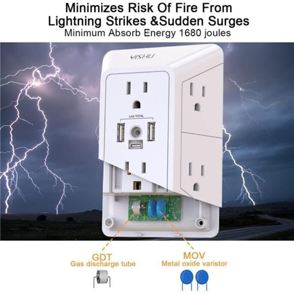 Multi Plug Outlet Surge Protector - YISHU 3 Sided Power Strip with 6 AC Outlet - Picture 7 of 8